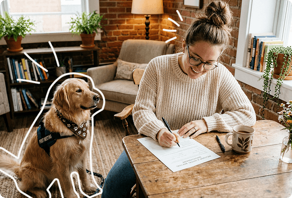 Adopter with a golden retriever filling out a welcome and initial meeting questionnaire