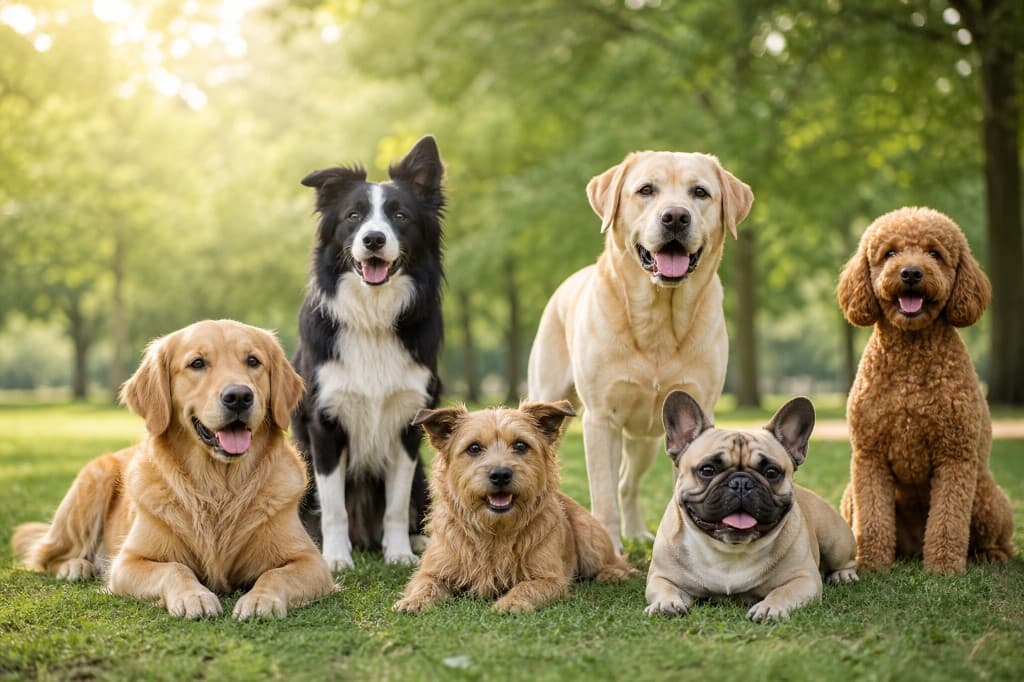 Group portrait of different dog breeds in a green park
